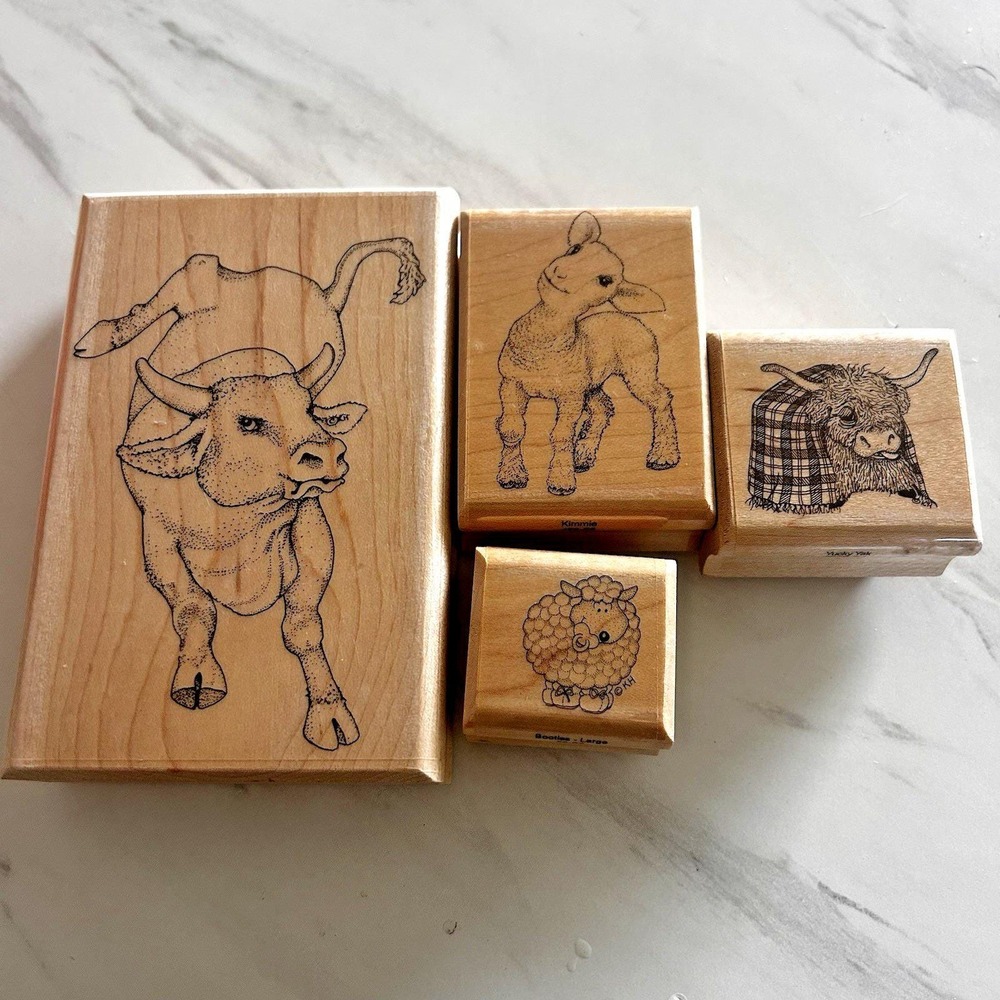 Lot of 4 Stamps Stamping Mostly Animals Brand Bull Lamb Yak Sheep Crafts EEE-B